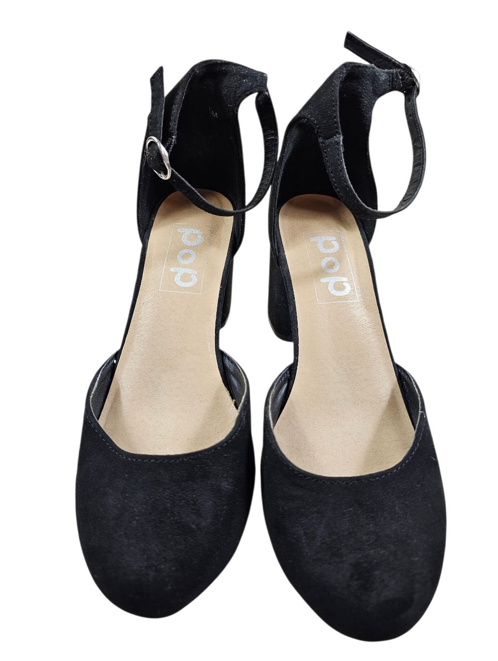 POP GAL Block Heel Strappy Black Velvet Pump In 6M